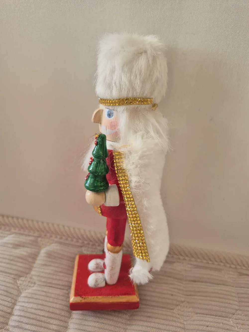 Festive Red Nutcracker Holiday Figurine with White Fur Trim